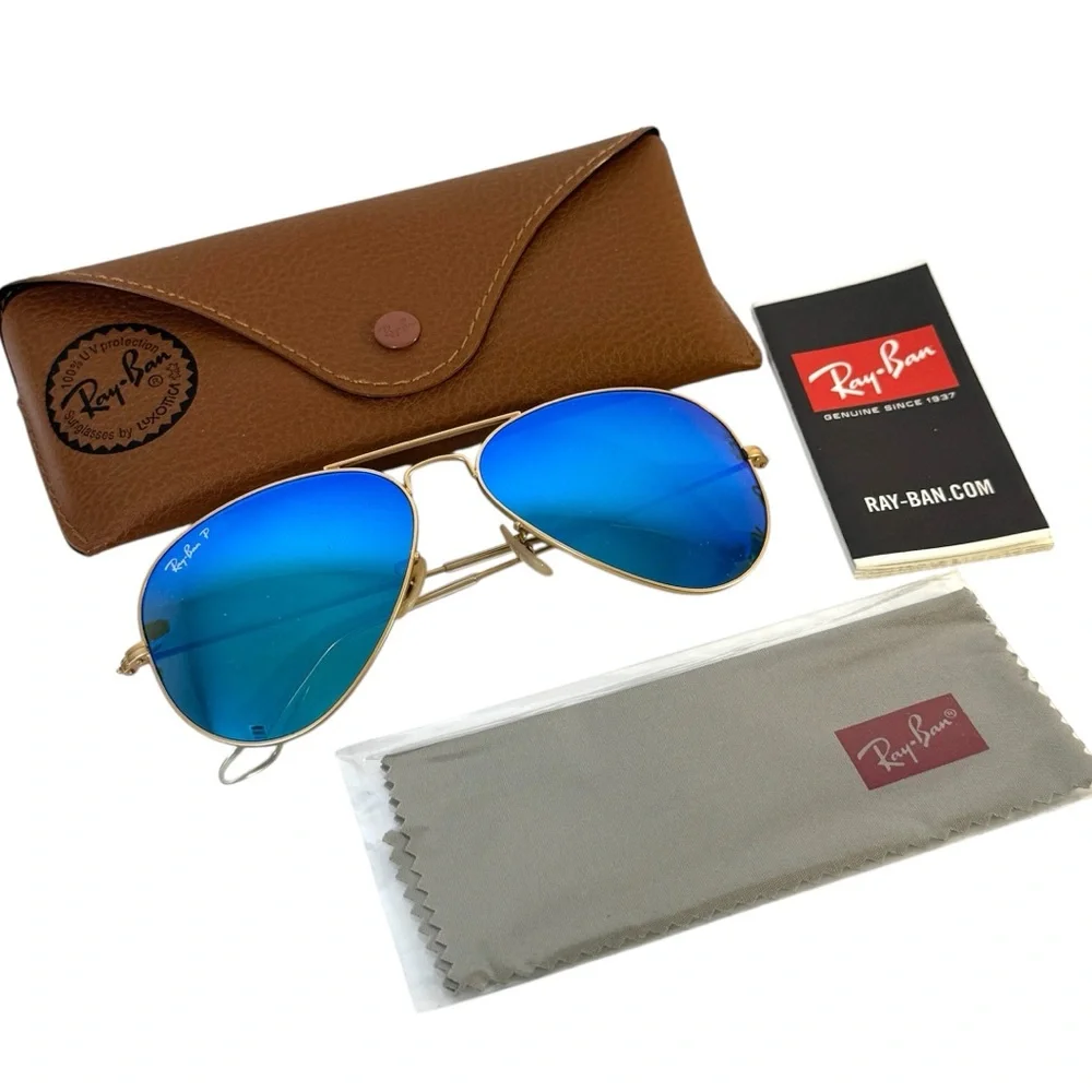 RAY BAN Polarized Sunglasses NEW RB3025 Aviator Large Metal Flash Lens Blue Gold